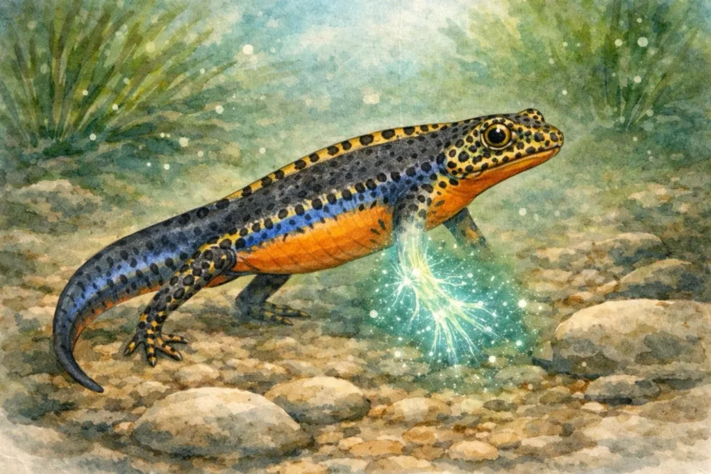 Molch mit regenerierendem Vorderbein – Darstellung der Regenerationsfähigkeit von Molchen, Aquarell