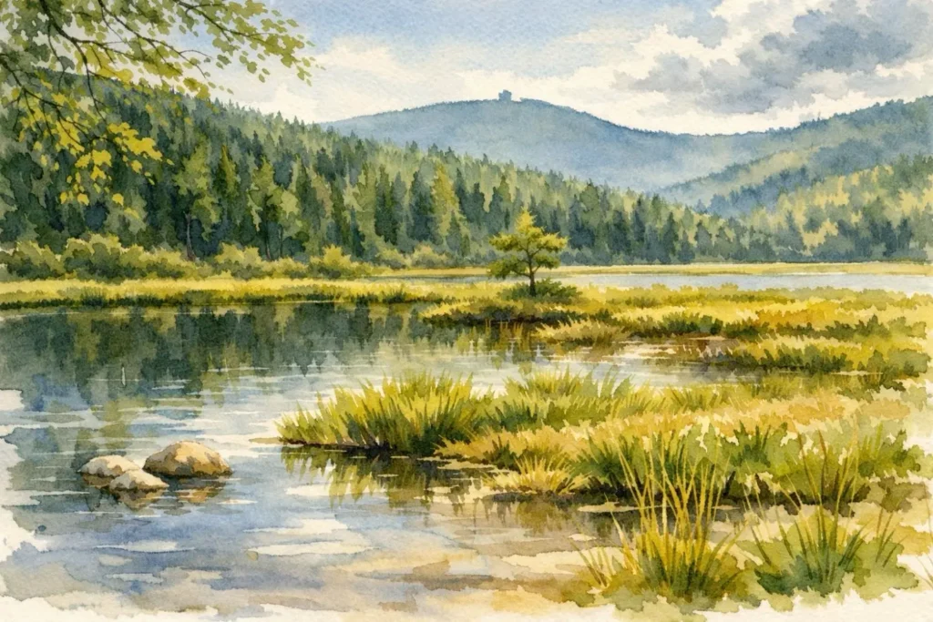 Aquarellillustration einer Moorlandschaft mit Wasser, Gräsern und bewaldeten Hügeln