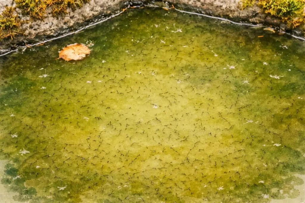 Viele Mückenlarven dicht unter der Wasseroberfläche eines Gartenteichs – typische Nahrung für Molche