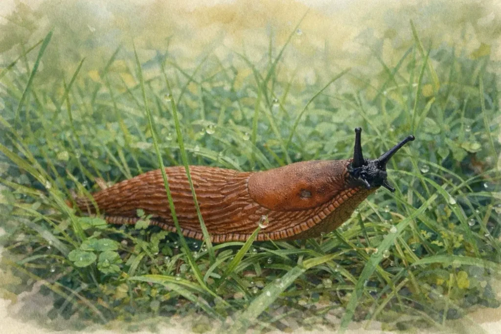 Braune Nacktschnecke kriecht durch feuchtes Gras im Garten – detailreiche Aquarellillustration