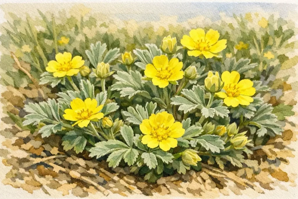 Fingerkraut (Potentilla incana) mit filzigen Blättern im naturnahen Aquarell für trockene Sandstandorte