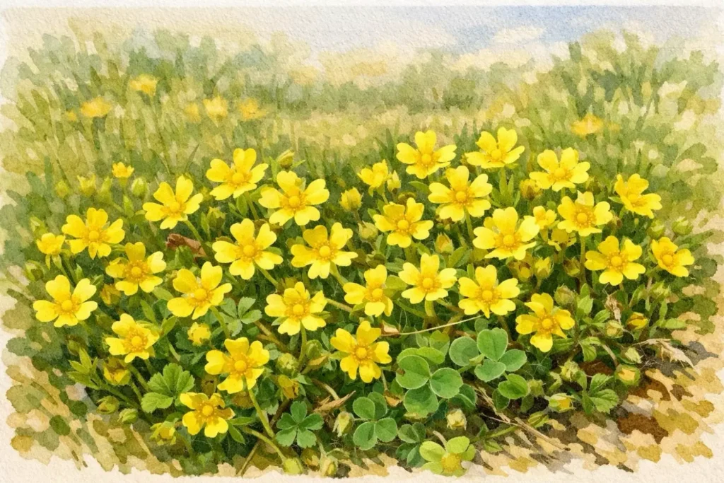 Gelb blühendes Frühlings-Fingerkraut (Potentilla verna) im Aquarellstil auf magerem, sandigem Untergrund
