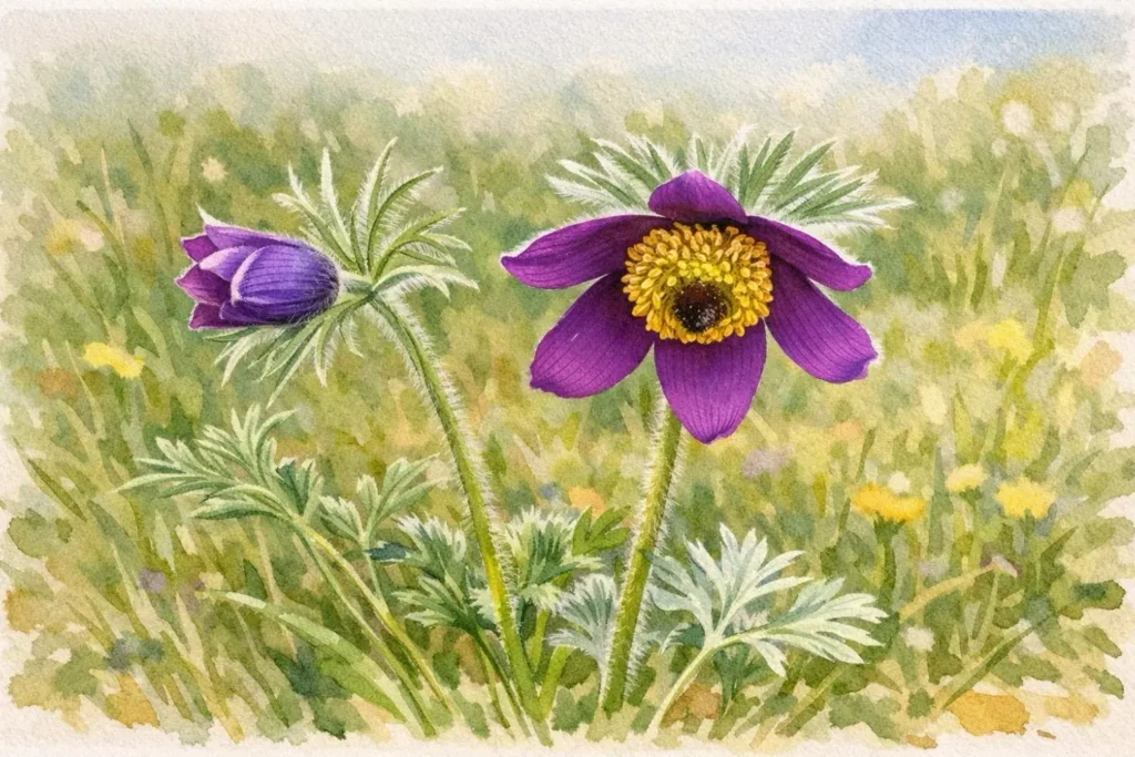 Gewöhnliche Küchenschelle (Pulsatilla vulgaris) mit violetter Blüte im Aquarell vor neutralem Wiesenhintergrund