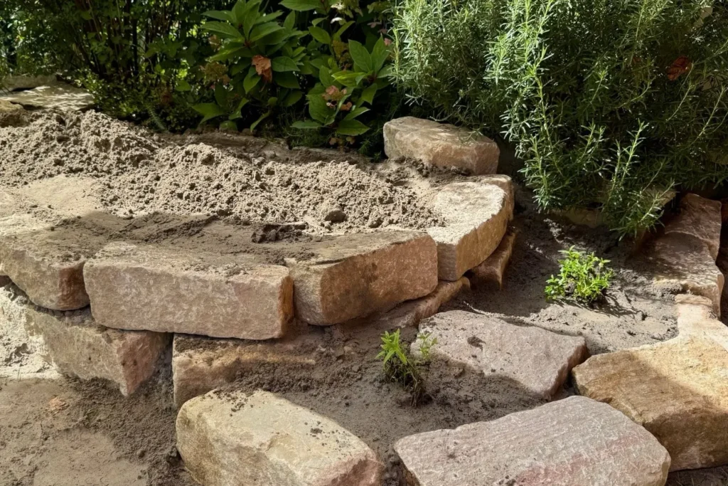 Sandarium bepflanzen – frisch angelegte Sandfläche mit Natursteinen als Einfassung vor der Bepflanzung