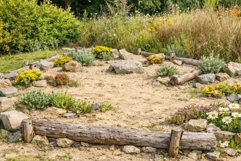 Sandarium bepflanzen: Warum weniger Pflanzen mehr Wildbienen helfen Illustration eines lückig bepflanzten Sandariums mit viel freier Sandfläche, Stauden und Totholz