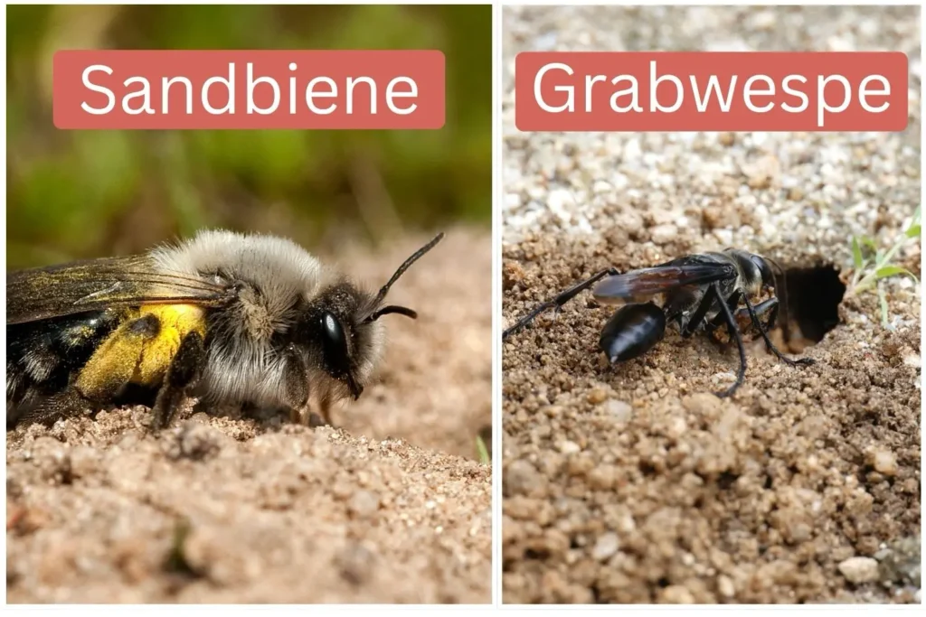 Typische Bewohner im Sandarium – Sandbiene und Grabwespe an offenen Nistgängen im Boden