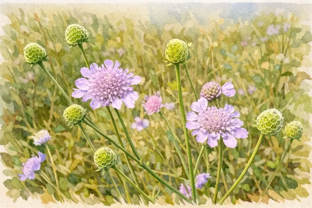 Duft-Skabiose (Scabiosa canescens) als Aquarell-Illustration – heimische Wildbienenpflanze für trockene Sandarien und Magerbeete
