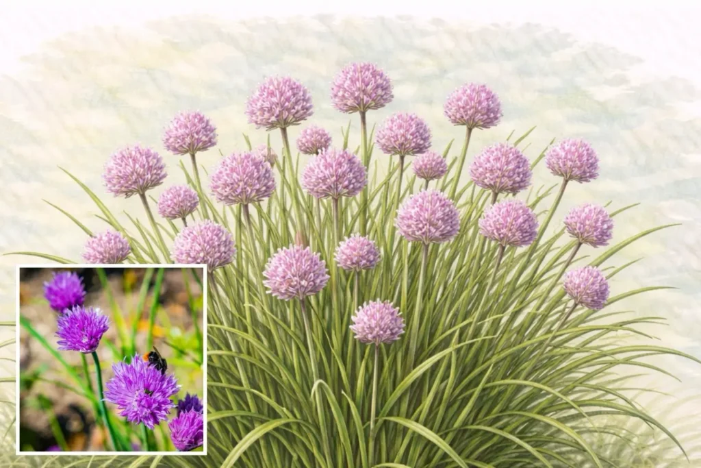 Lila Blüten von Schnittlauch – Allium schoenoprasum als beliebte Bienenpflanze im Kräuterbeet