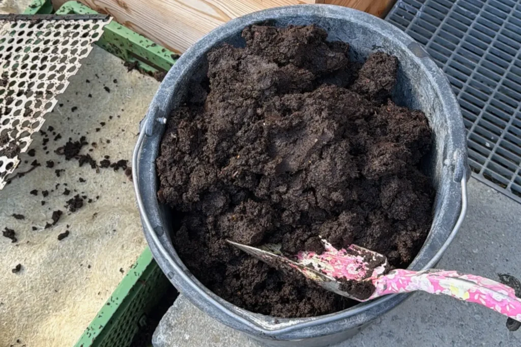 Klumpige nasse Gartenerde im Eimer mit Schaufel