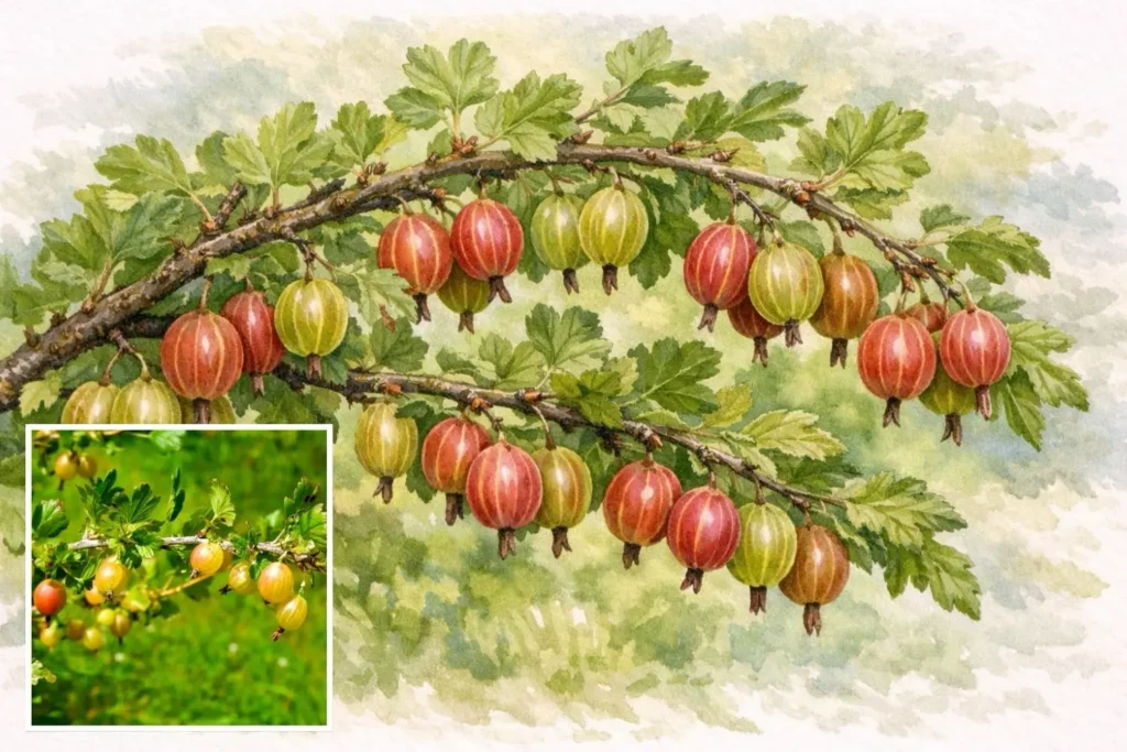 Reife Stachelbeeren (Ribes uva-crispa) in Rot und Grün am Zweig – bienenfreundliche Naschpflanze für den Garten