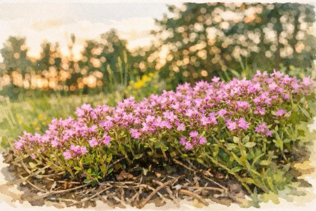 Sand-Thymian (Thymus serpyllum) als Aquarell – bienenfreundlicher Bodendecker für trockene, magere Sandstandorte