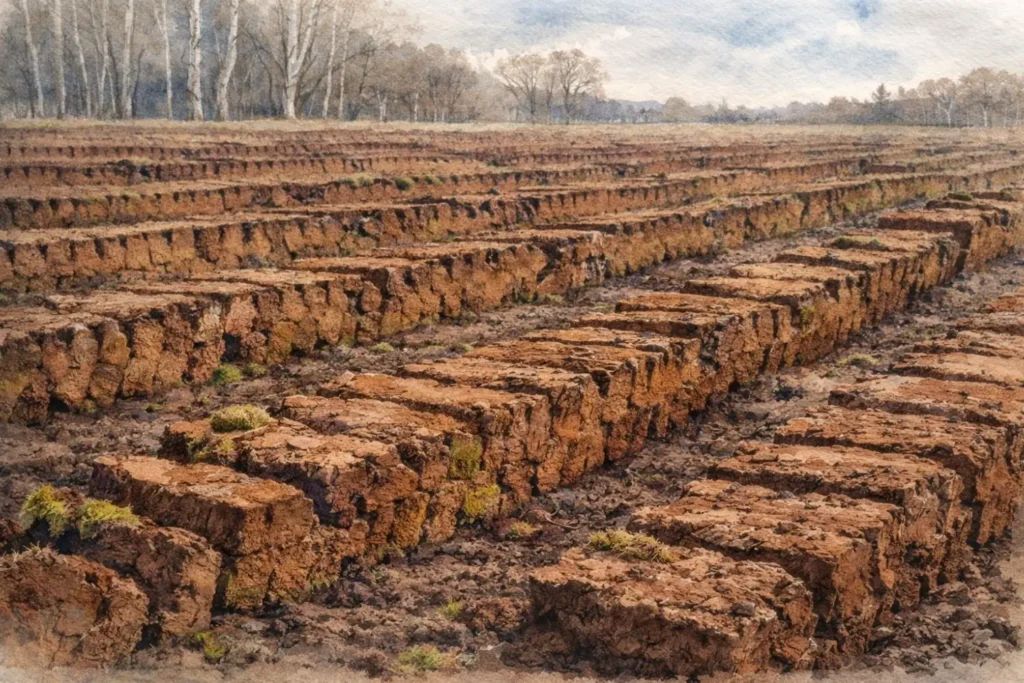Abgetragener Moorboden mit rechteckigen Torfblöcken nach dem Torfabbau