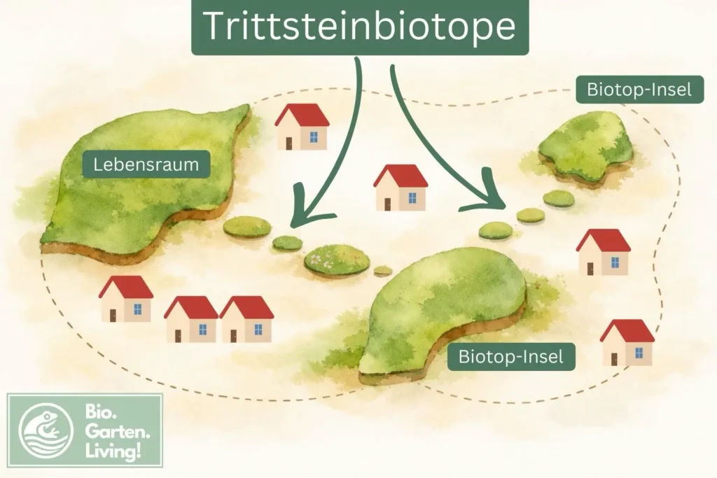 Schema eines Trittsteinbiotop-Netzwerks mit verbundenen Lebensräumen und Biotopinseln