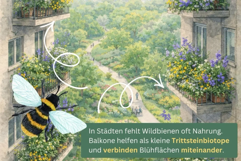 Illustration von begrünten Balkonen in der Stadt als Trittsteinbiotope, die Blühflächen für Wildbienen verbinden