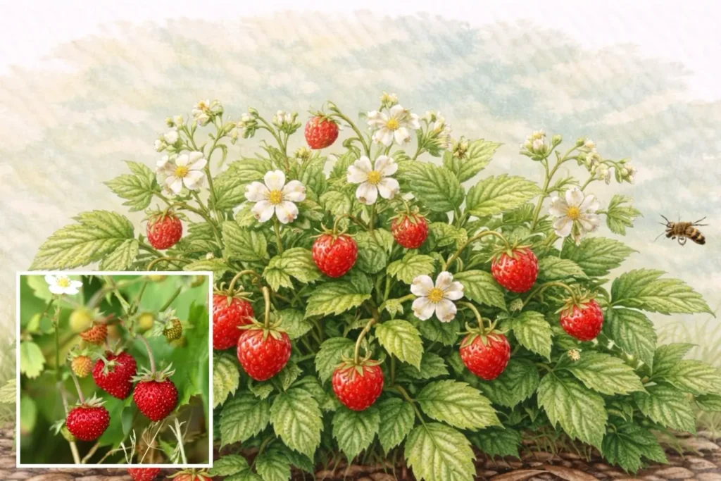 Wald-Erdbeere mit weißen Blüten und roten Früchten – heimische Naschpflanze für Wildbienen