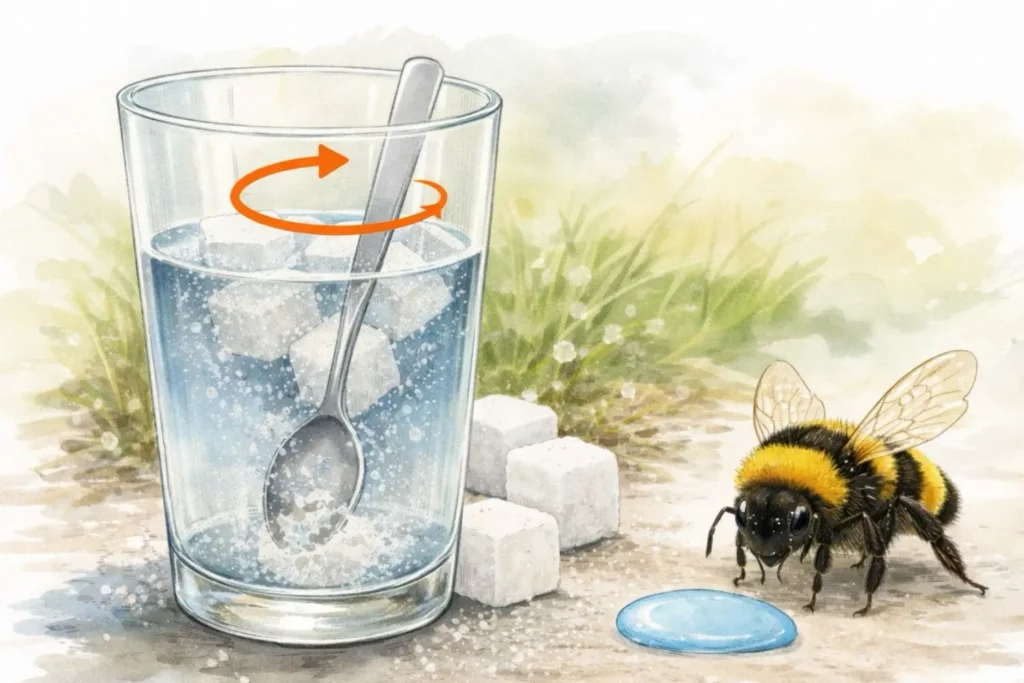 Zuckerwürfel lösen sich in einem Glas Wasser, Löffel rührt – Vorbereitung von Zuckerwasser für eine geschwächte Hummel
