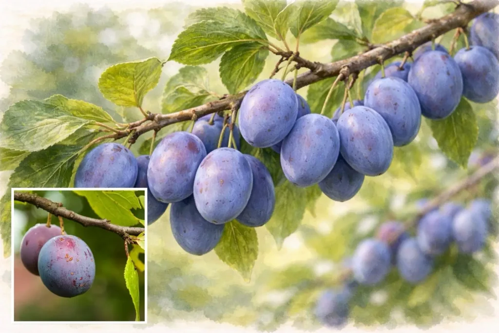 Reife Zwetschgen am Ast – Prunus domestica als wertvolle Obstpflanze für Mensch und Wildbienen