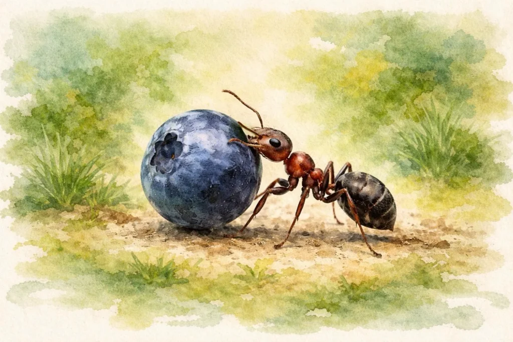 Ameise transportiert eine Blaubeere, Aquarellillustration