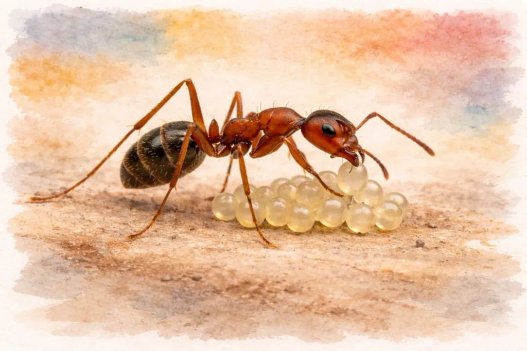 Ameise kümmert sich um Eier, Brutpflege im Ameisennest, Aquarellillustration