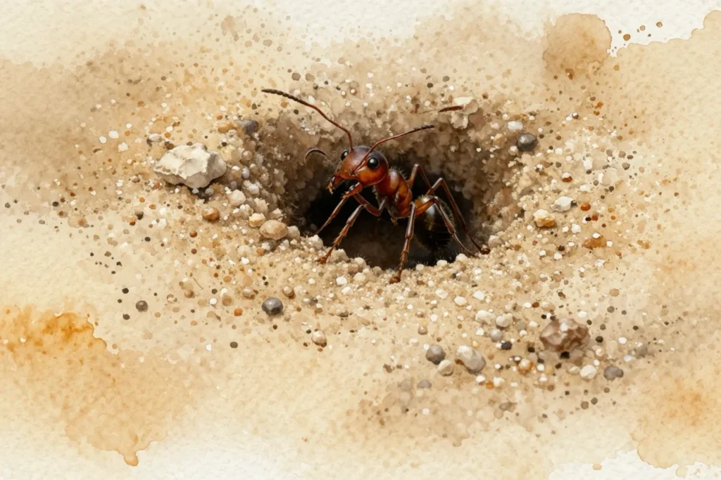 Ameise am Eingang ihres Nests im Boden, Aquarellillustration