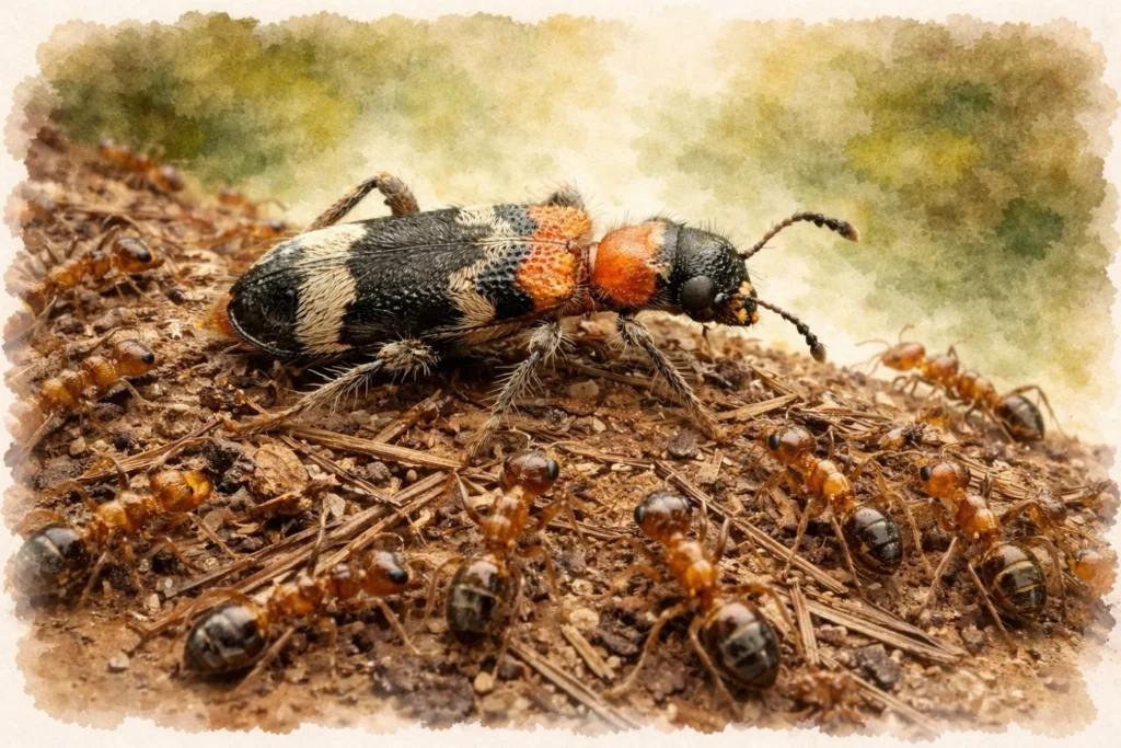 Käfer zwischen Ameisen auf Waldboden, Aquarellillustration