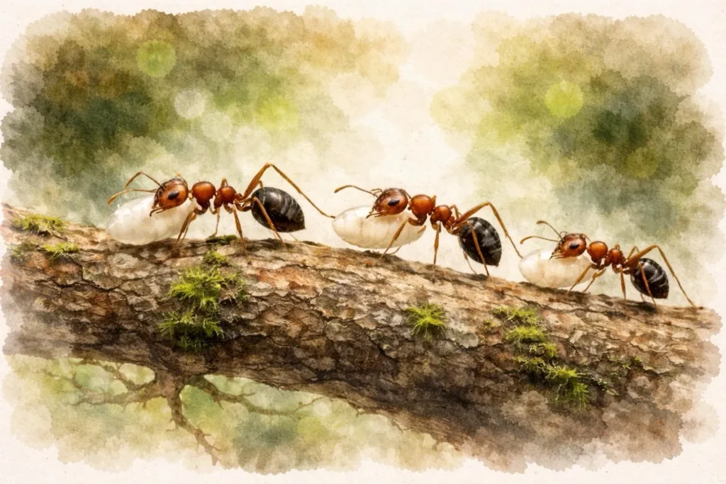 Ameisen tragen Larven über einen Ast, Aquarellillustration