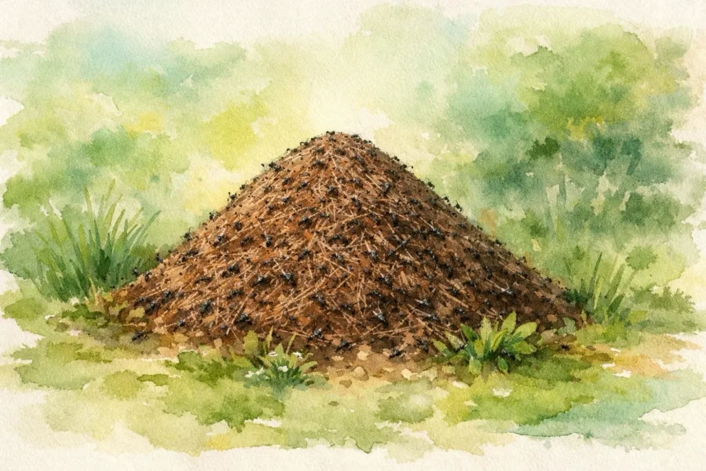 Ameisenhaufen im Garten mit vielen Ameisen, Aquarellillustration
