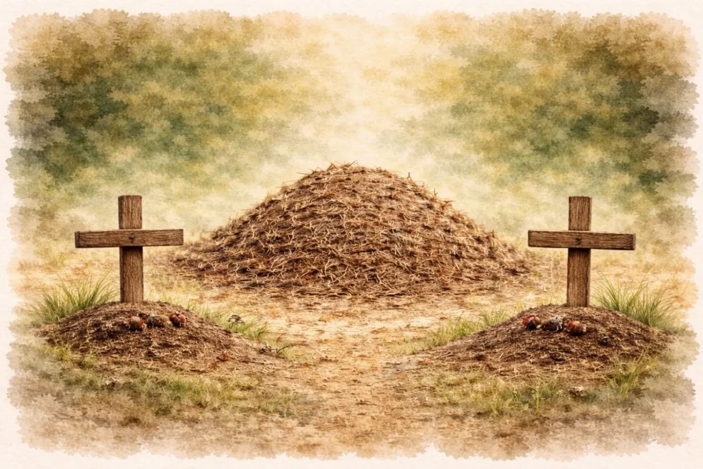 Ameisenhaufen mit kleinen Erdhügeln und Kreuzen, symbolische Darstellung