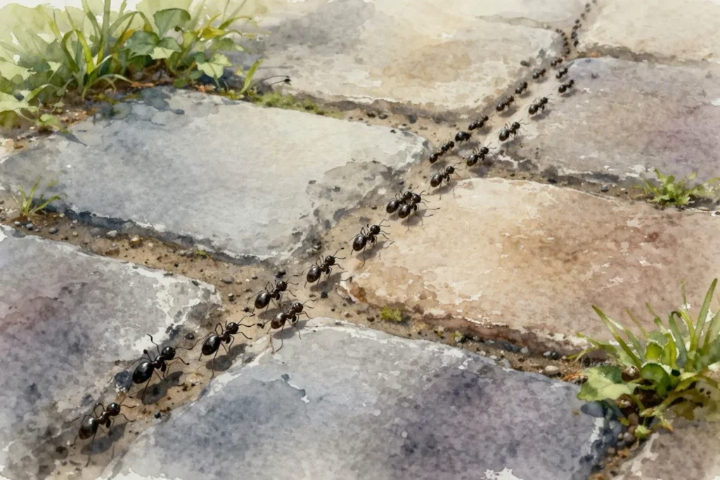 Ameisenstraße auf Pflastersteinen im Garten, Aquarellillustration