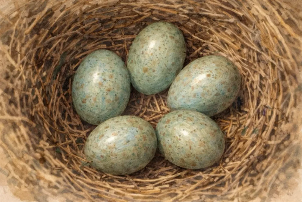 Innenansicht eines Amselnests mit fünf blaugrünen Eiern mit braunen Sprenkeln