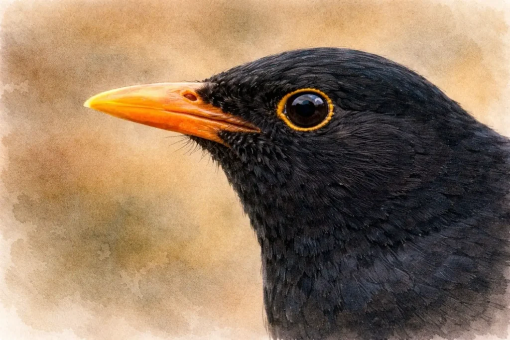 Nahaufnahme des Kopfes eines Amselmännchens mit orangefarbenem Schnabel