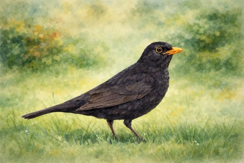 Schwarzes Amselmännchen mit orangefarbenem Schnabel auf einer Wiese