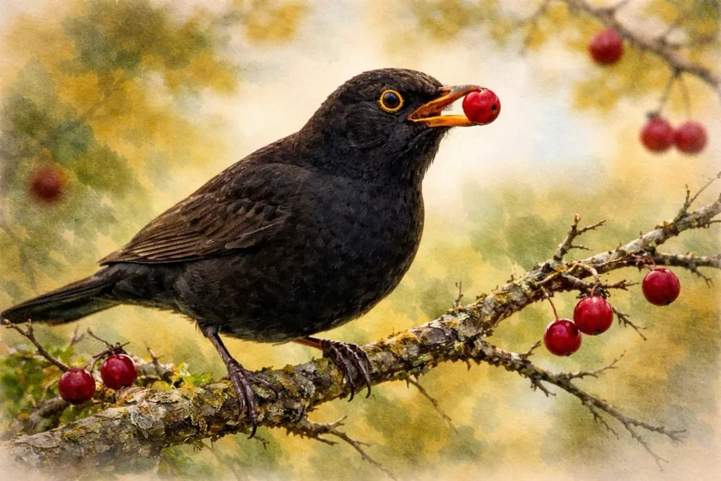 Schwarze Amsel mit orangefarbenem Schnabel hält eine rote Beere im Schnabel