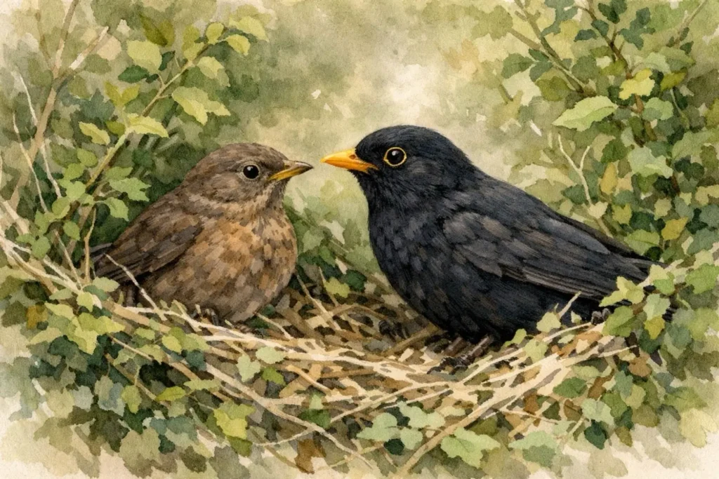 Amselmännchen und Amselweibchen gemeinsam in einem Gebüsch