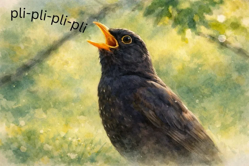 Singende Amsel mit geöffnetem Schnabel