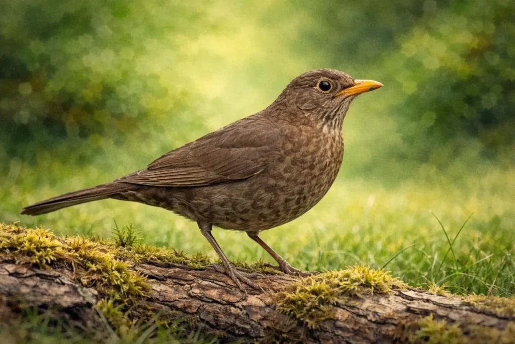 Weibliche Amsel mit braunem Gefieder auf einem moosigen Stamm