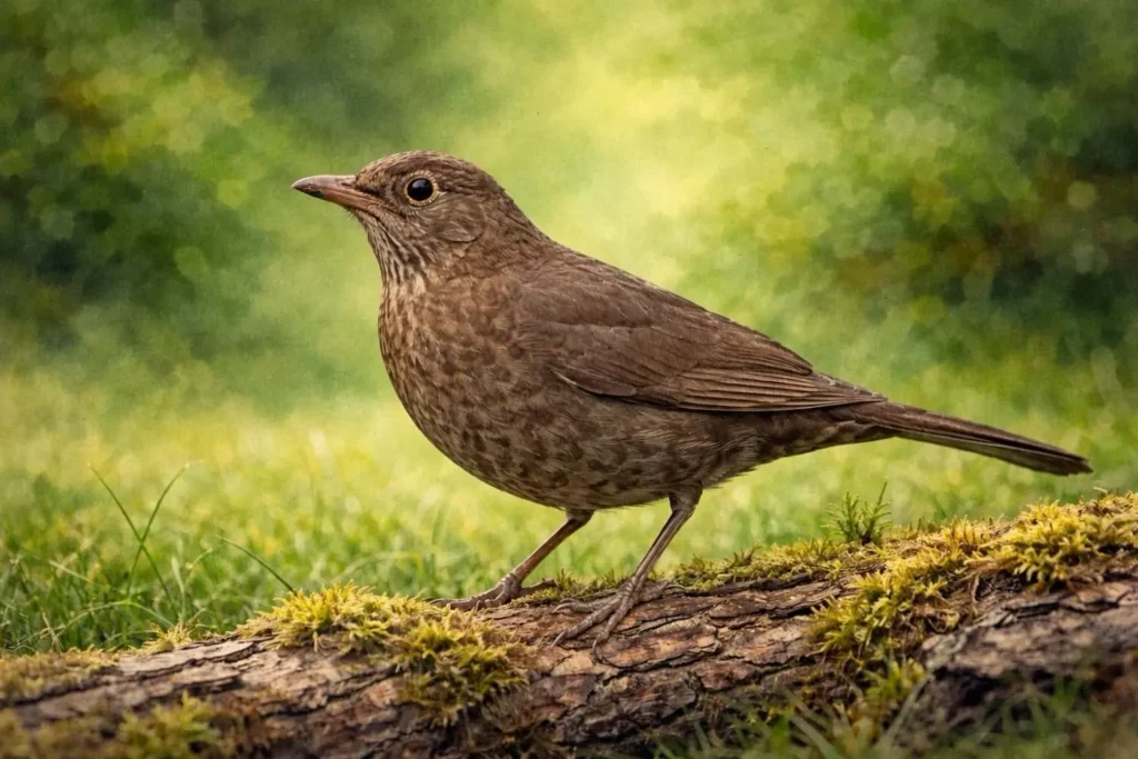 Weibliche Amsel mit braunem Gefieder auf einem moosigen Stamm