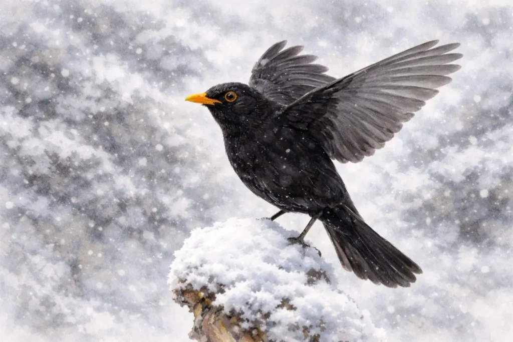 Schwarze Amsel sitzt im Winter auf einem schneebedeckten Stamm