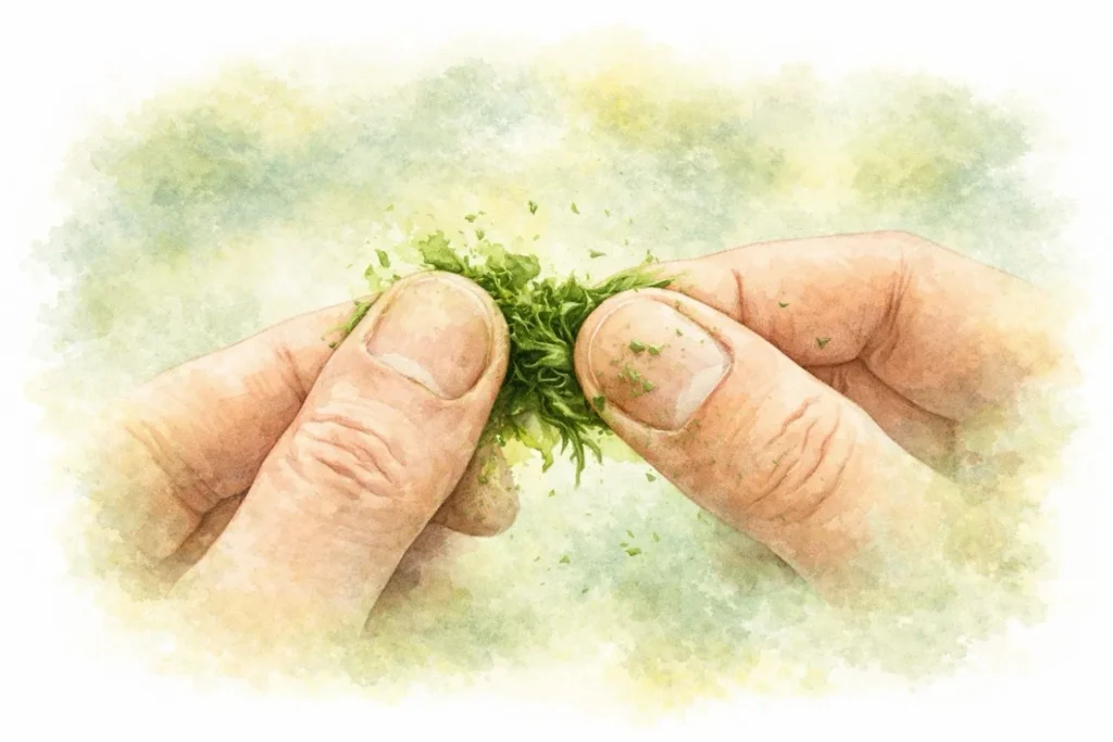 Hände zerreiben Bärlauchblätter zur Geruchsprobe