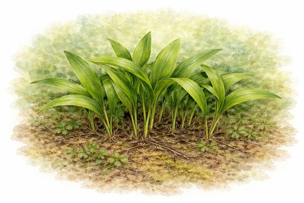 Illustration einer Bärlauchpflanze mit länglichen grünen Blättern im Aquarellstil