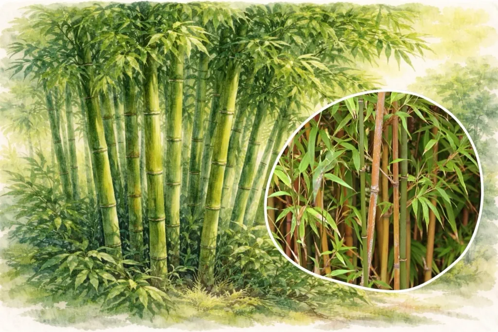 Bambus im Garten mit Detailaufnahme der Halme und Blätter