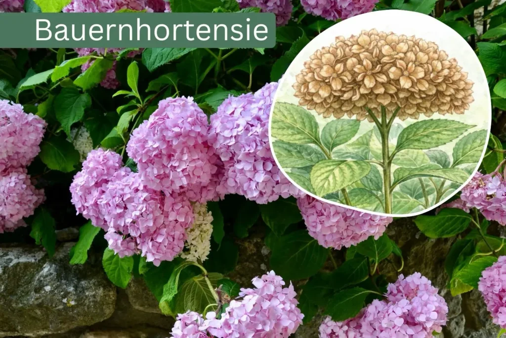 Bauernhortensie (Hydrangea macrophylla) mit großen rosa Blütenbällen im Garten