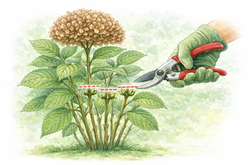 Bauernhortensie schneiden über dem ersten Knospenpaar nach der alten Blüte