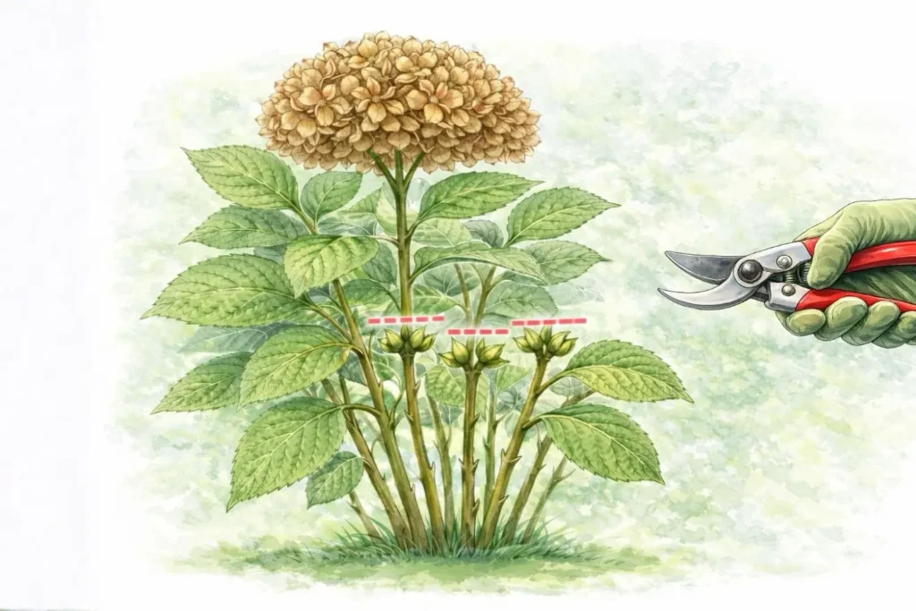 Bauernhortensie schneiden über dem ersten Knospenpaar nach der alten Blüte