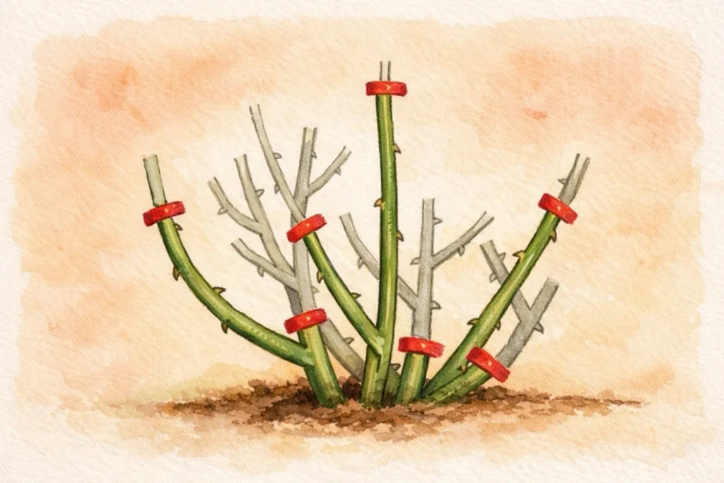 Rosenstock mit bodennah abgeschnittenen alten Trieben