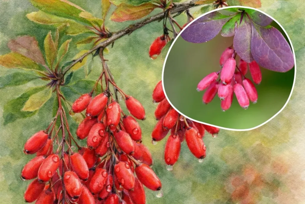 Rote Früchte der Berberitze (Berberis vulgaris) an einem Zweig – wertvolle Nahrung für Vögel im naturnahen Garten