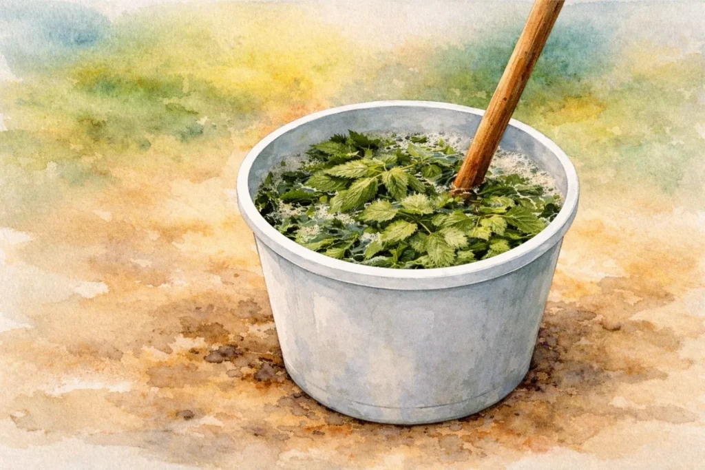 Brennnesseljauche wird mit Holzstab umgerührt