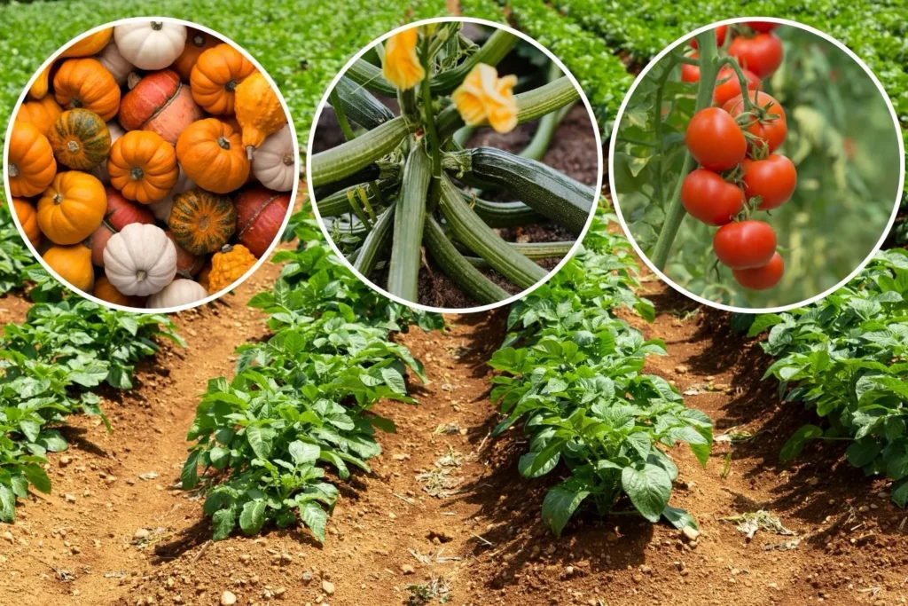 Gemüsebeet mit Zucchini, Tomaten und Kürbis als typische Starkzehrer für Brennnesseljauche