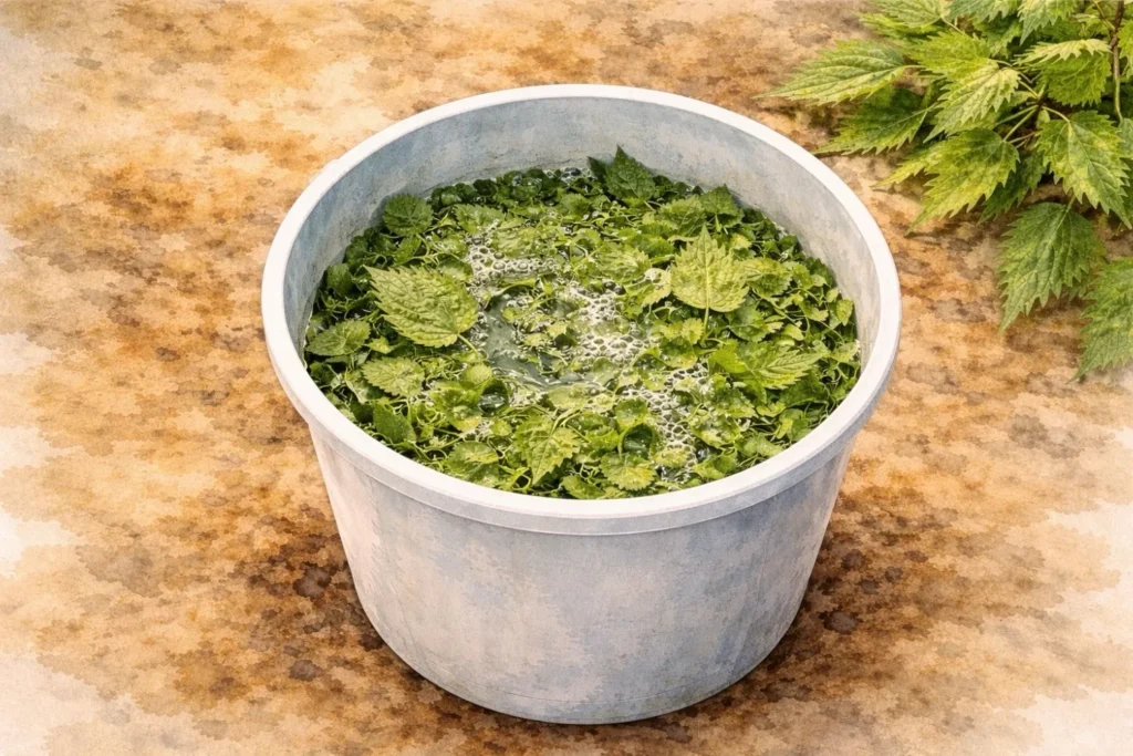 Frische Brennnesseln im Eimer mit Wasser angesetzt zur Herstellung von Brennnesseljauche