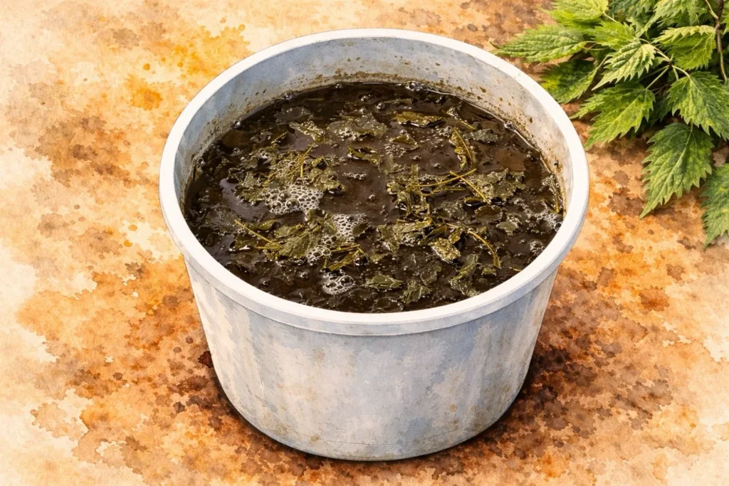 Fertig fermentierte dunkle Brennnesseljauche in einem Eimer